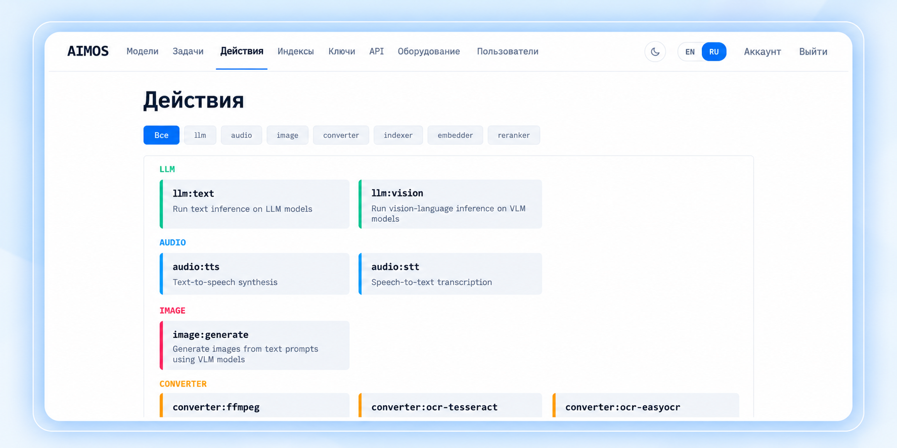 Каталог ИИ-действий в интерфейсе AIMoS